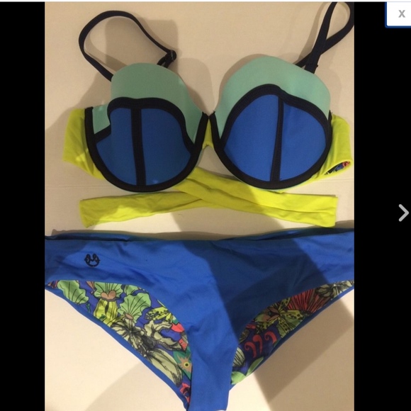 NEW 2PC Maaji Blue Rubik Colorblock Bandeau‎ Top +.Bikini Bottom [ Medium ] - Picture 3 of 8